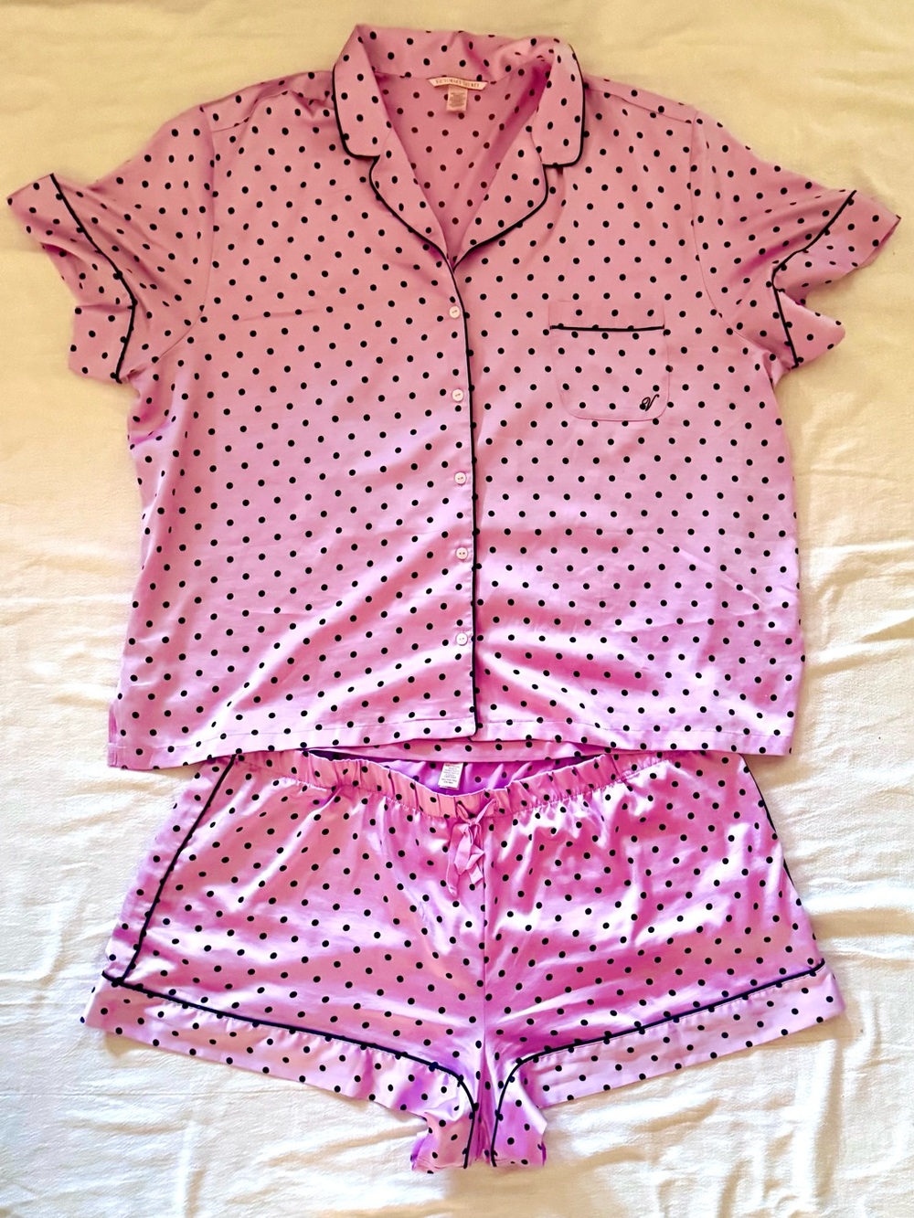 Lilac Polka Dot Satin Shortie 2-pc Set Pajamas Victoria’s Secret XXL EUC pretty!